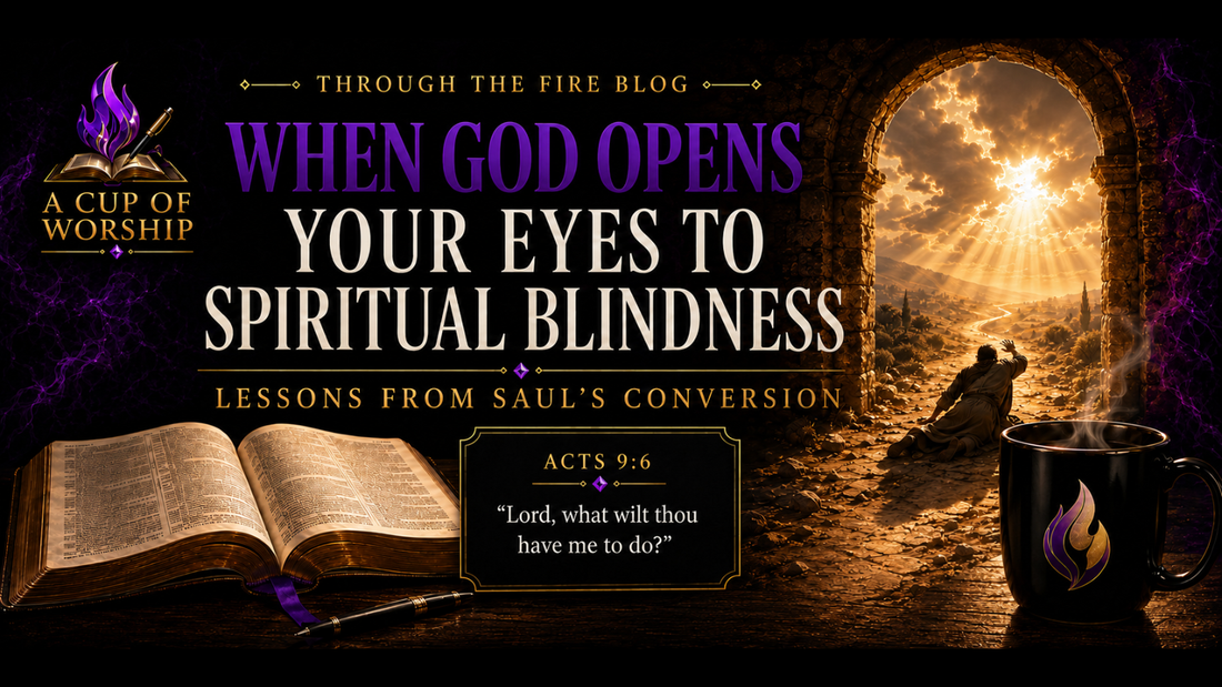 Through the Fire blog banner featuring Saul on the Damascus Road beneath heavenly light, an open Bible, and a black A Cup of Worship mug.