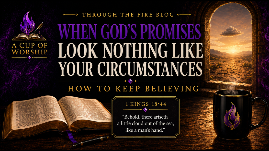 Elijah’s small cloud over a dry landscape with an open Bible for a devotional about believing God’s promises.